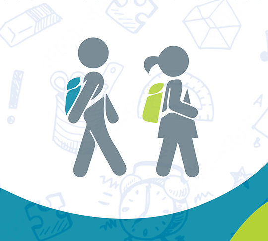 Graphics of two students walking with backpacks