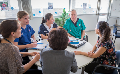 Group of nurses sitting around a table discussing