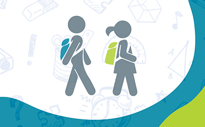 Graphics of two students walking with backpacks