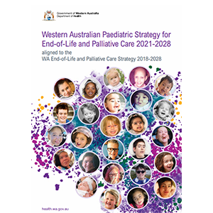 Western Australian Paediatric Strategy for End-of-Life and Palliative Care 2021-2028 front cover. Features 26 faces of children who have received end-of-life and palliative care services in Western Australia and are included with permission from their families. The faces are framed in light purple circles over a purple patterned background. 