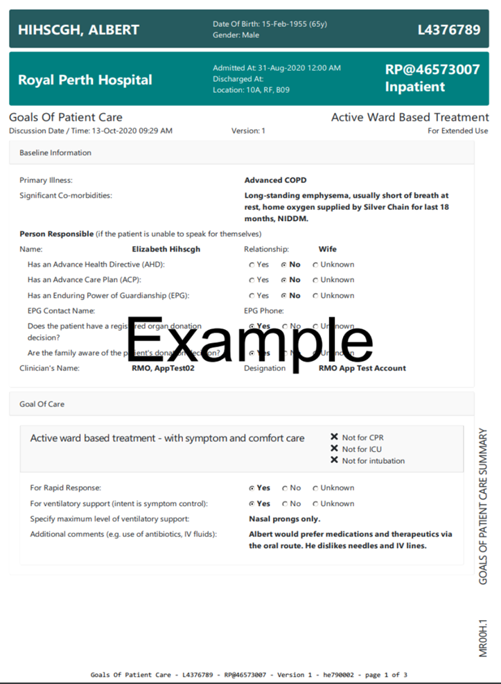 Example Goals of Patient Care BOSSnet eForm