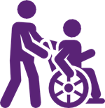 2 purple figures: I figure in a wheelchair the other pushing the wheel chair