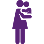 A purple figure of a woman holding her baby 