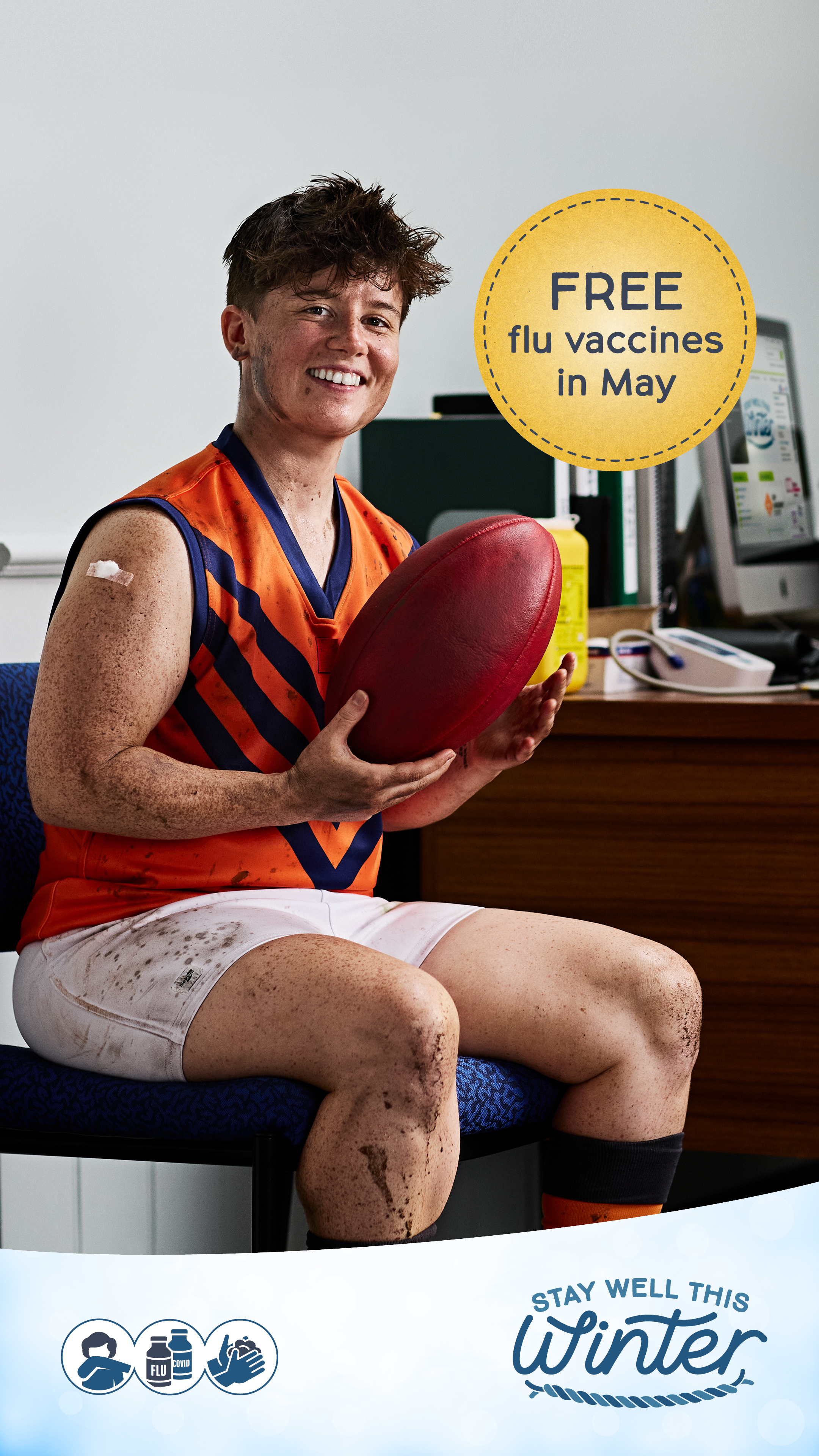 Free flu vaccine social media tile: featuring footballer getting vaccinated