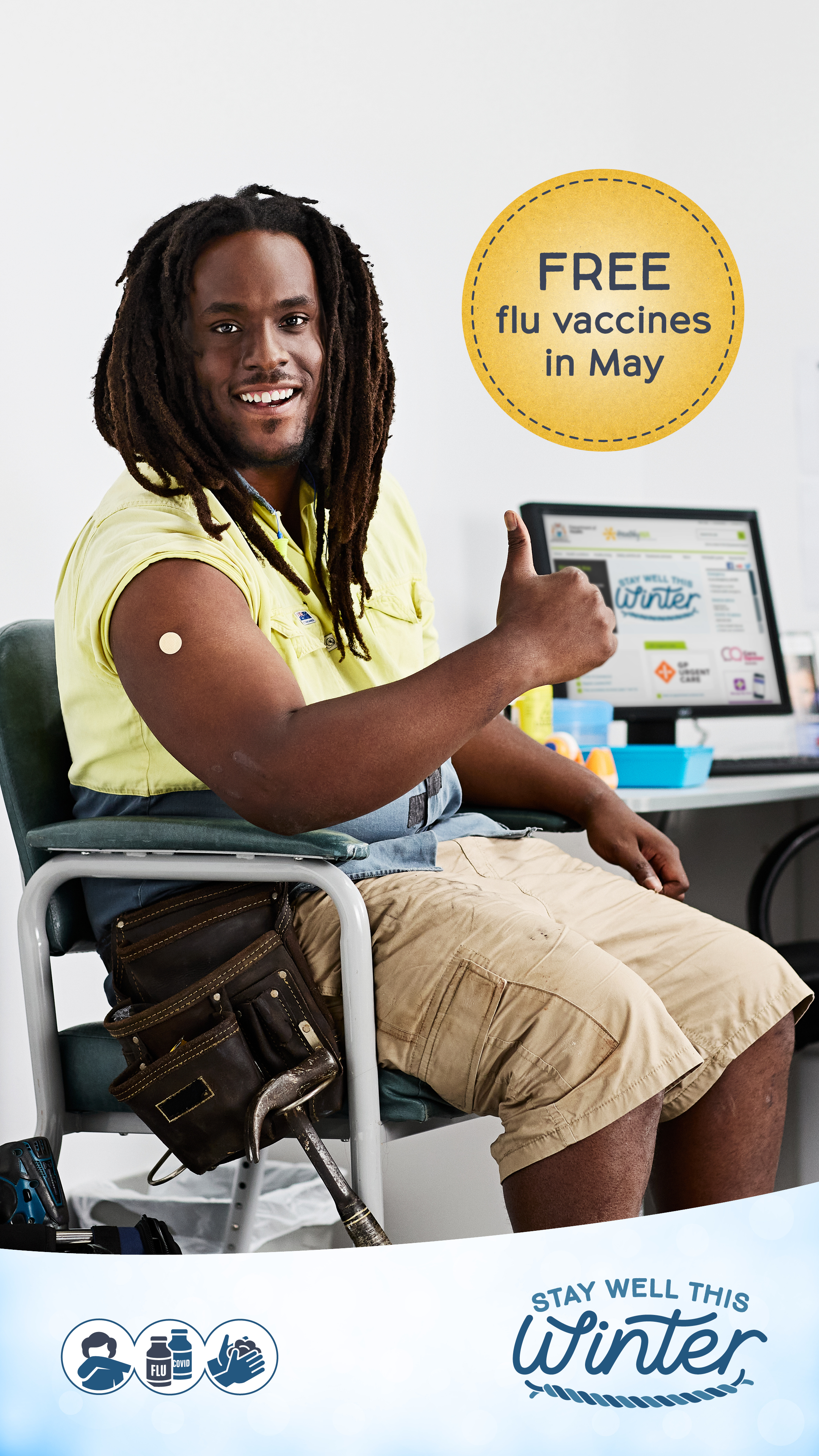 Free flu vaccine social media tile: featuring tradie getting vaccinated