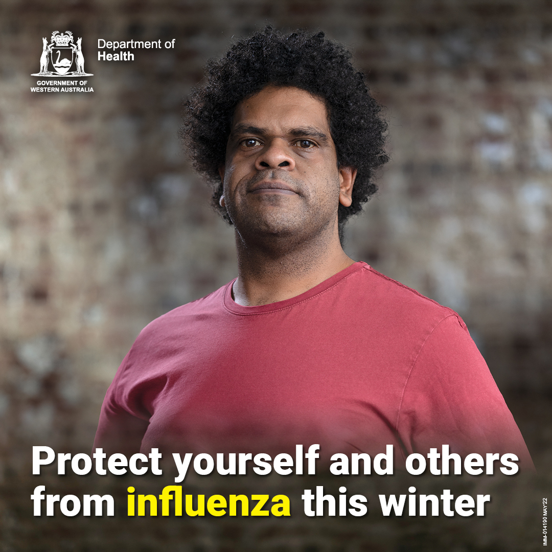 Image: Aboriginal person Text: Protect yourself and others from influenza this winter