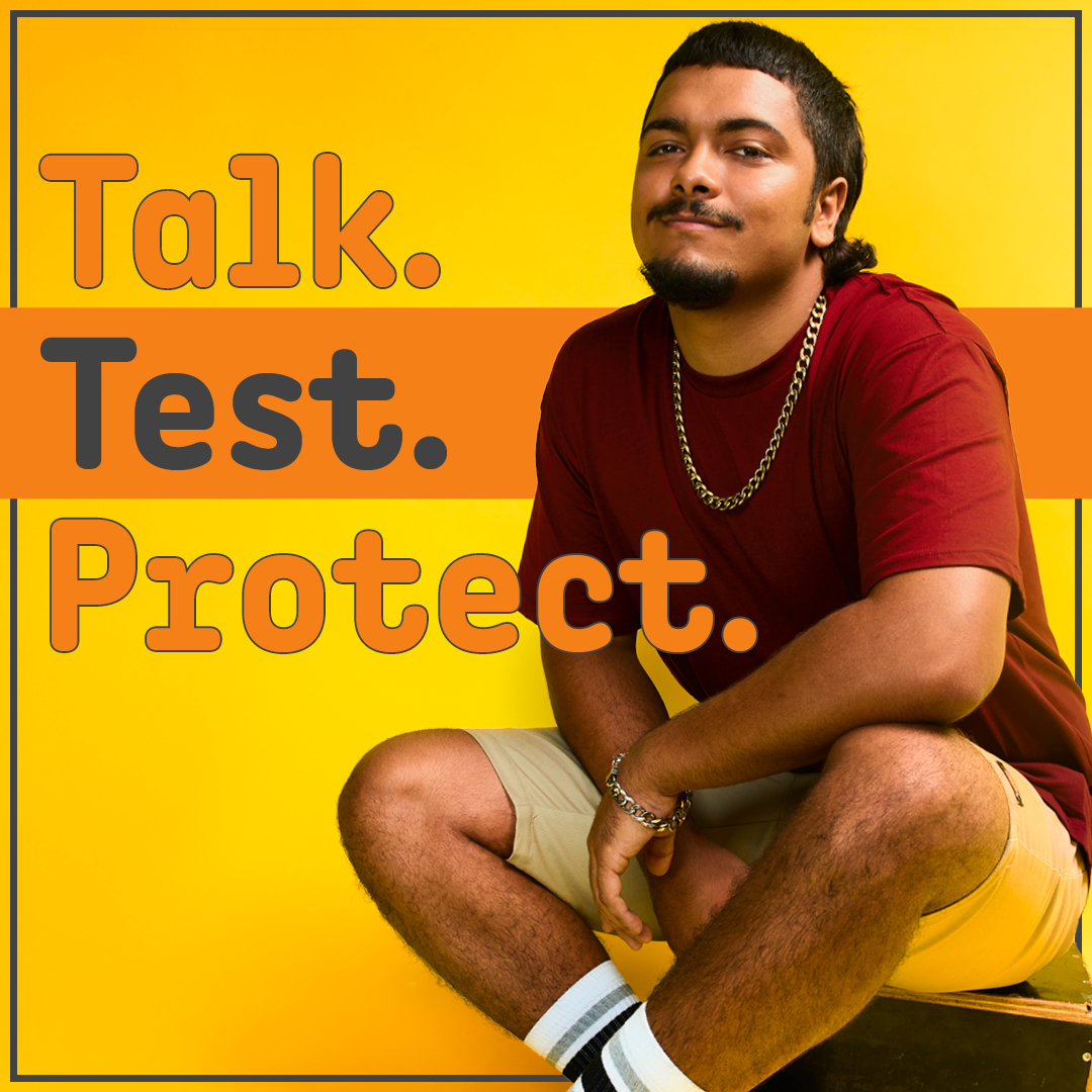 Text: Talk. Test. Protect. Image: Aboriginal guy sitting down