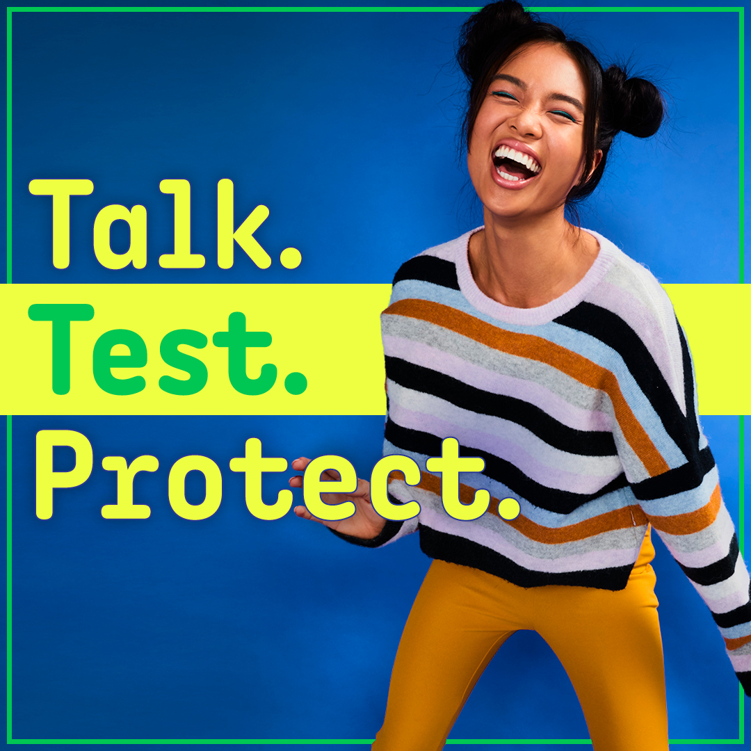 Text: Talk. Test. Protect. Image: Happy girl