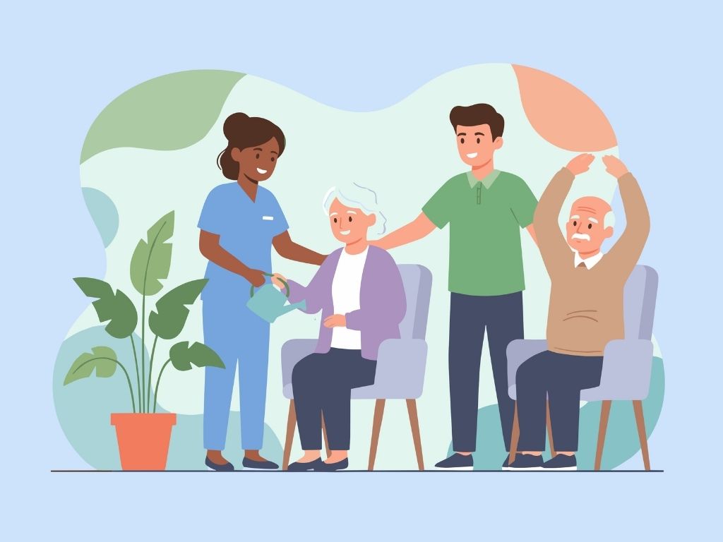 illustration of health professionals caring for older adults