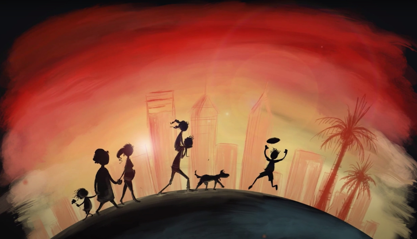 illustration of family walking in front of a sunset with the colours of the Aboriginal flag