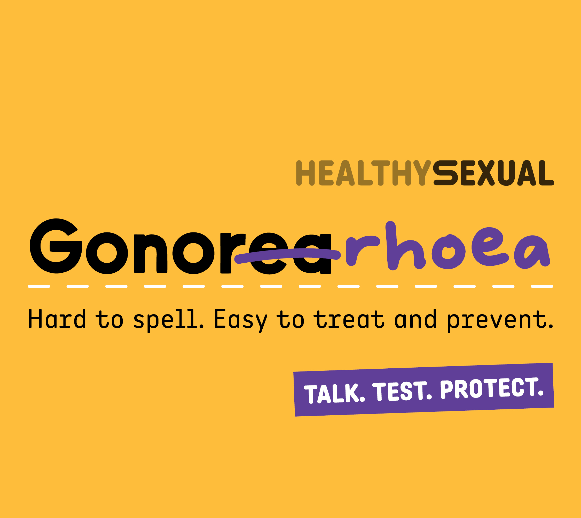 Banner: Gonorrhoea (miss spelled - with strike through). Hard to spell. Easy to treat and prevent
