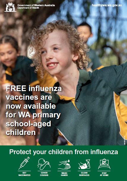 Poster: Free influenza vaccines are now available for WA primary school-aged children