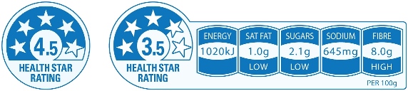 Example of Health Star Rating label showing the nutritional profile of a packaged product