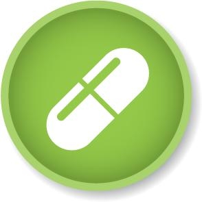 Green circular logo with a symbol of a white pill on it