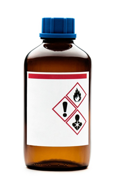 A small bottle featuring  a label with 3 symbols – warning exclamation mark, no don’t swallow and fire hazard